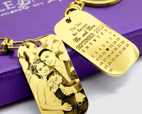 Wedding tag keyring gold personalised anniversary gift handcrafted by Belle Fever in non-tarnish Monel materials for lasting memories