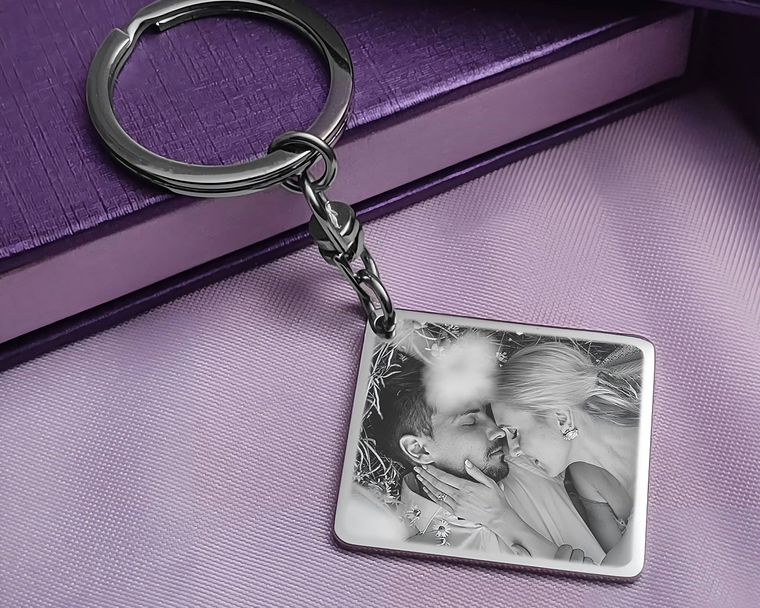 Photo keyring personalised gift handcrafted by Belle Fever showing custom engraved family photo in non-tarnish materials for meaningful keepsakes