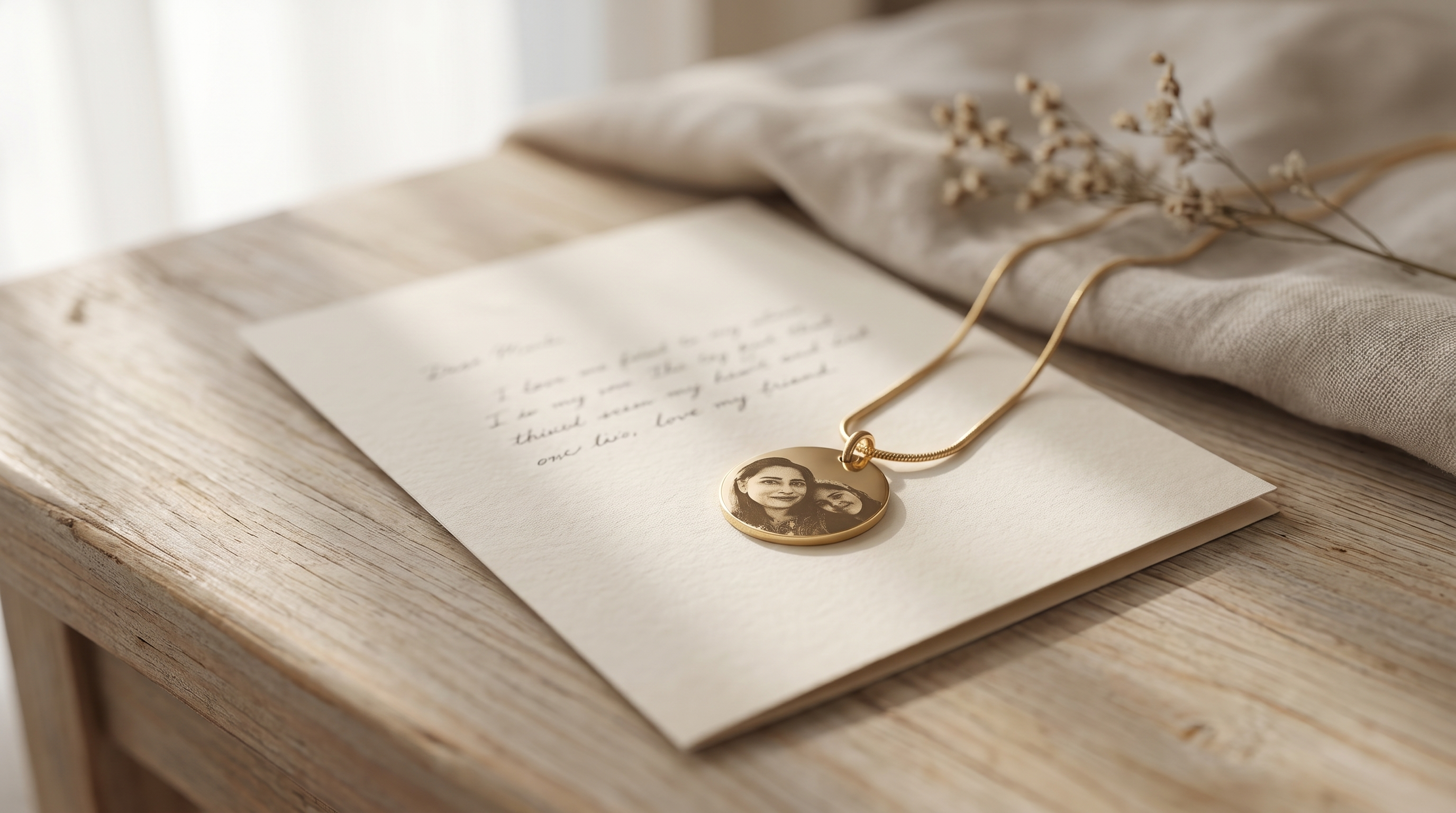An engraved pendant resting on an open handwritten card