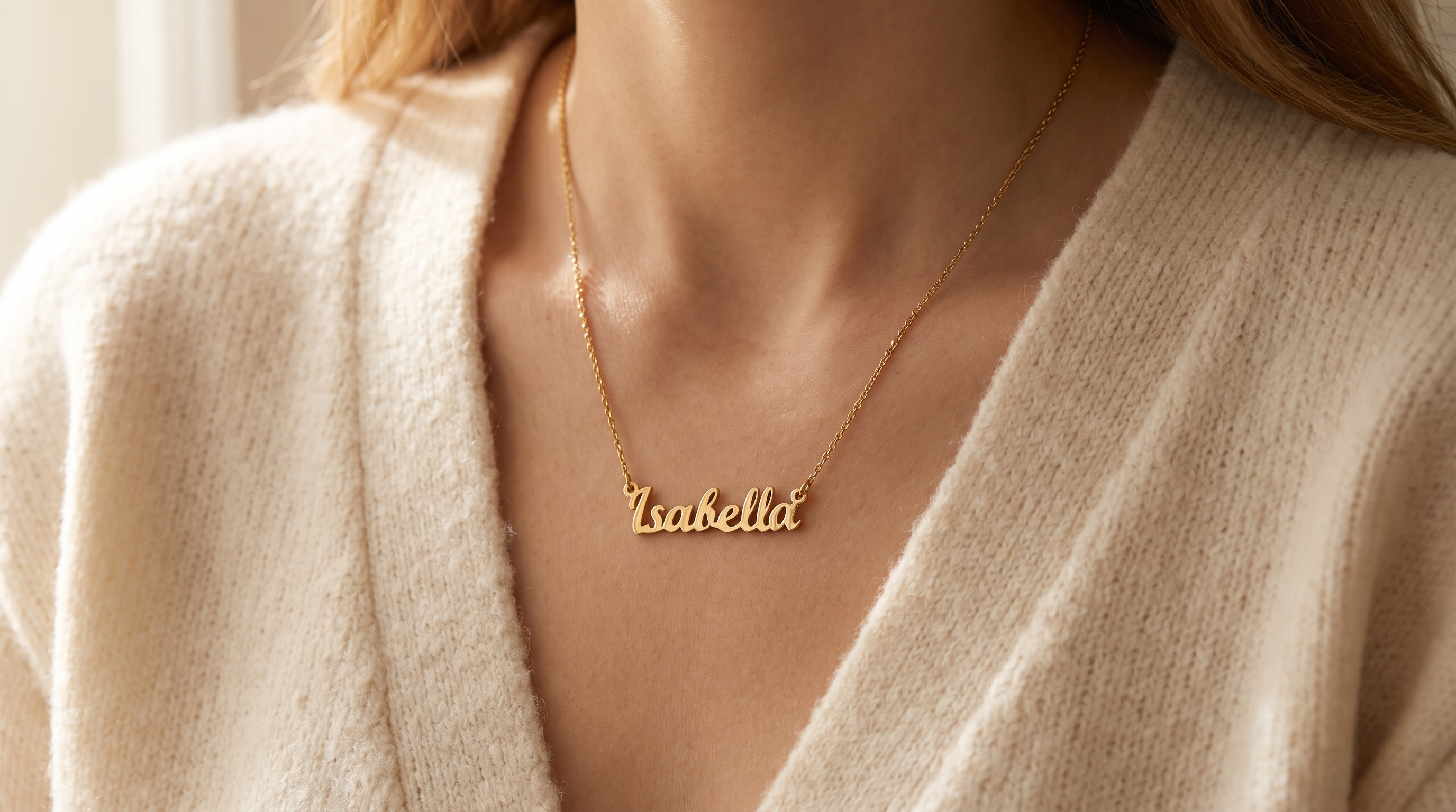 Layered personalised necklaces worn over a plain cream knit