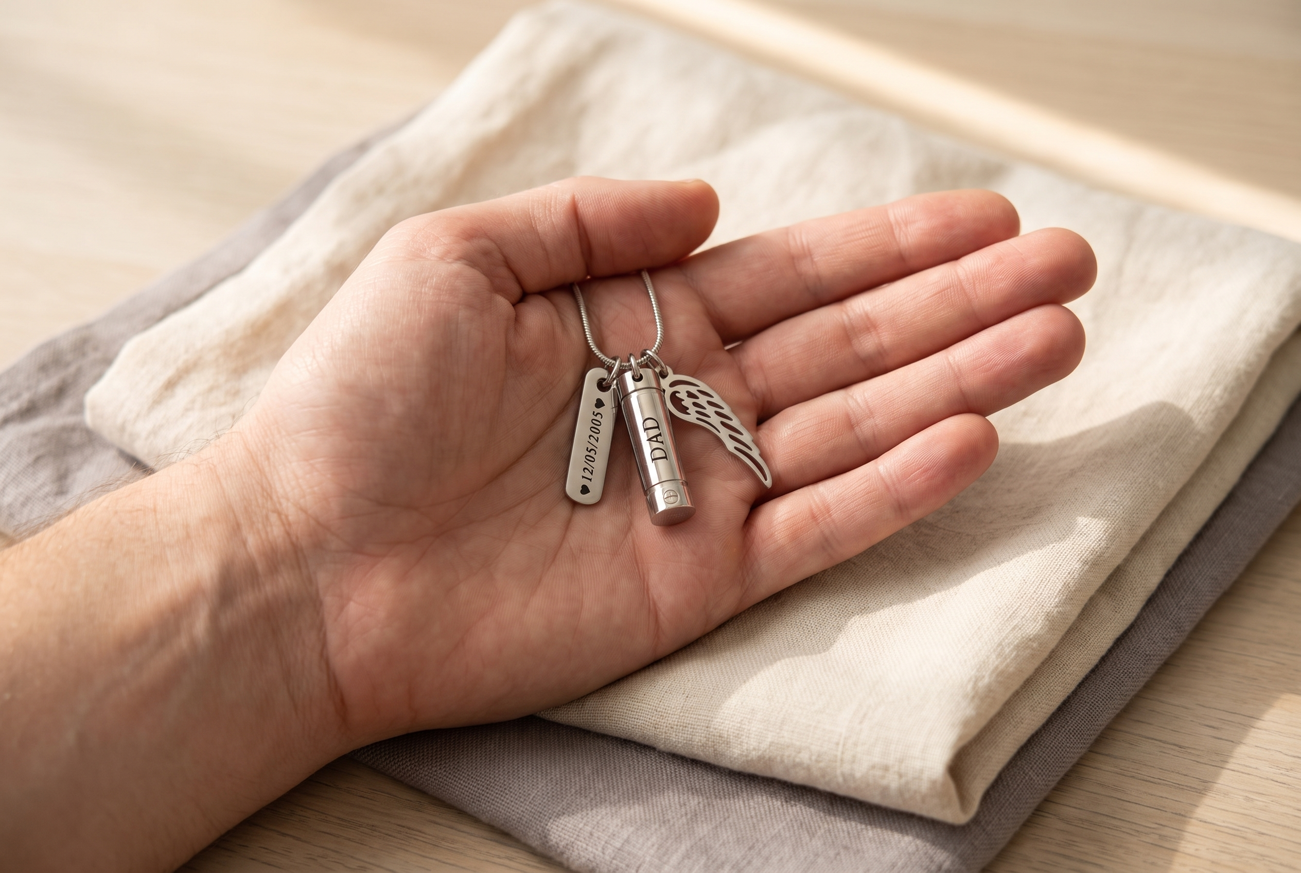A small engraved cremation pendant resting in an open palm in soft window light