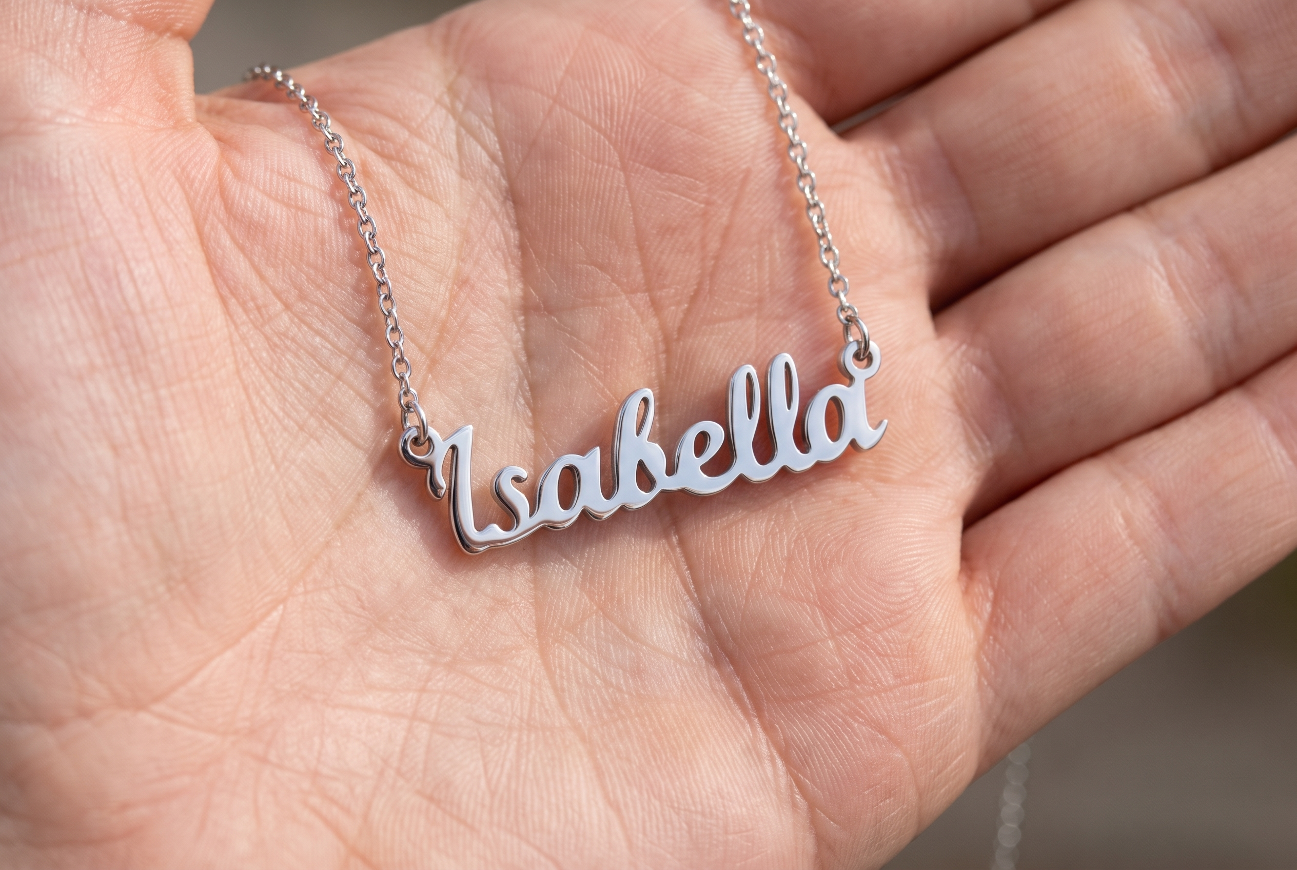 A personalised name necklace held in a woman's open palm