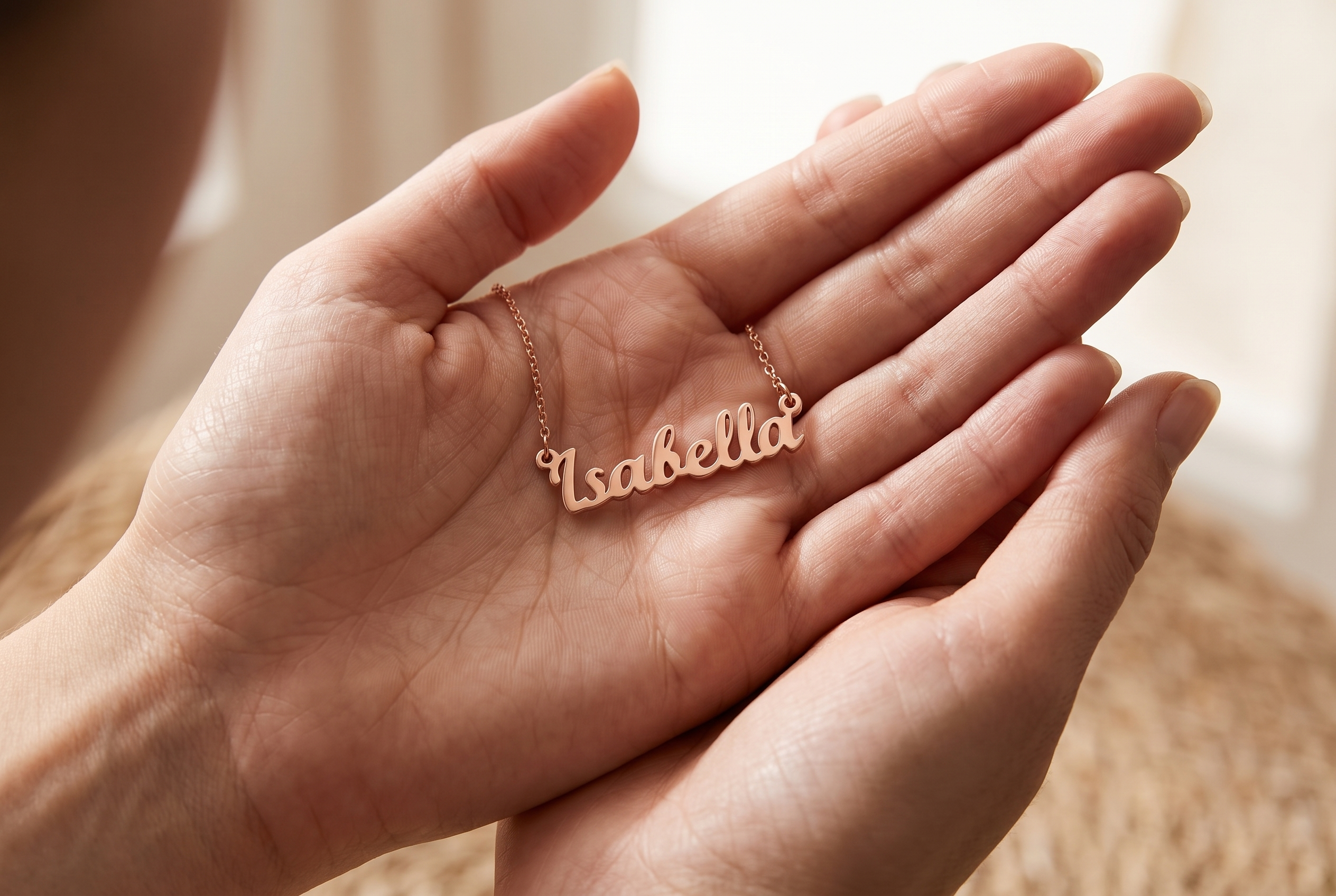 A woman opening a gift box with a personalised name necklace inside