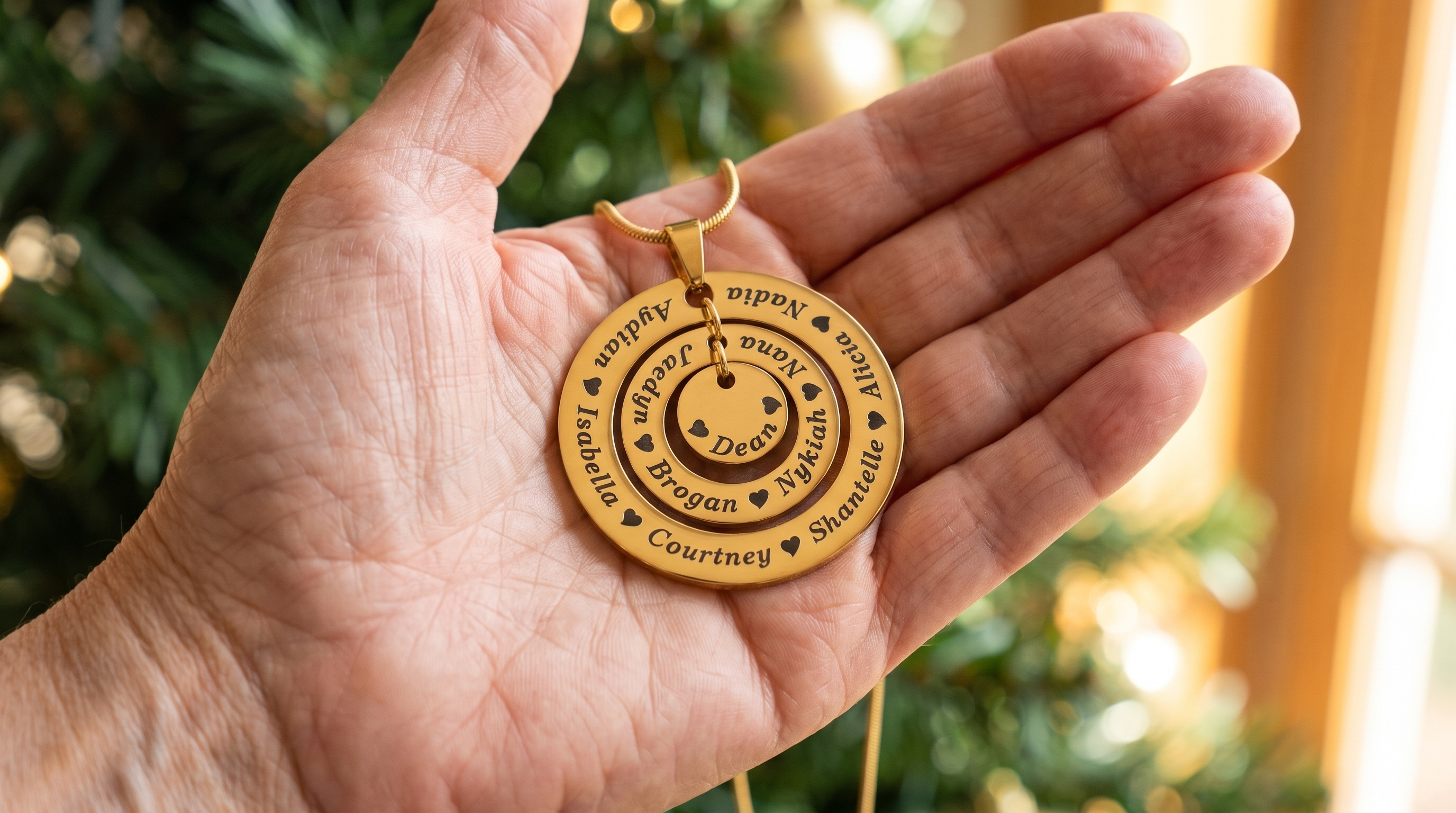 Grandmother smiling as she holds a gold Circles of Loved Ones Necklace engraved with her grandchildren's names