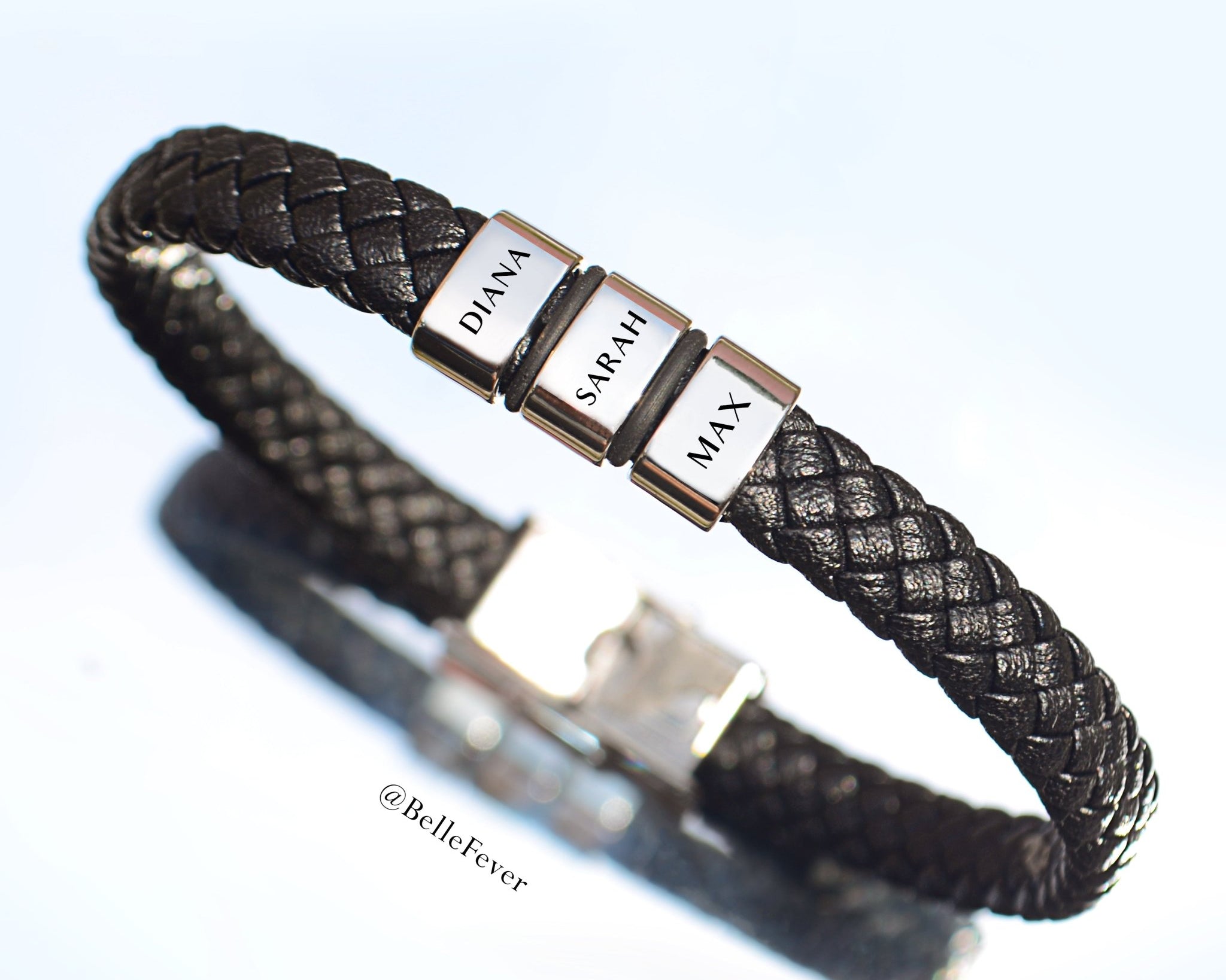 Personalised Black Leather Bracelet - BELLE FEVER