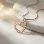 Belle Fever rose gold Always In My Heart necklace flatlay, personalised heart jewellery, engraved name necklace, romantic keepsake