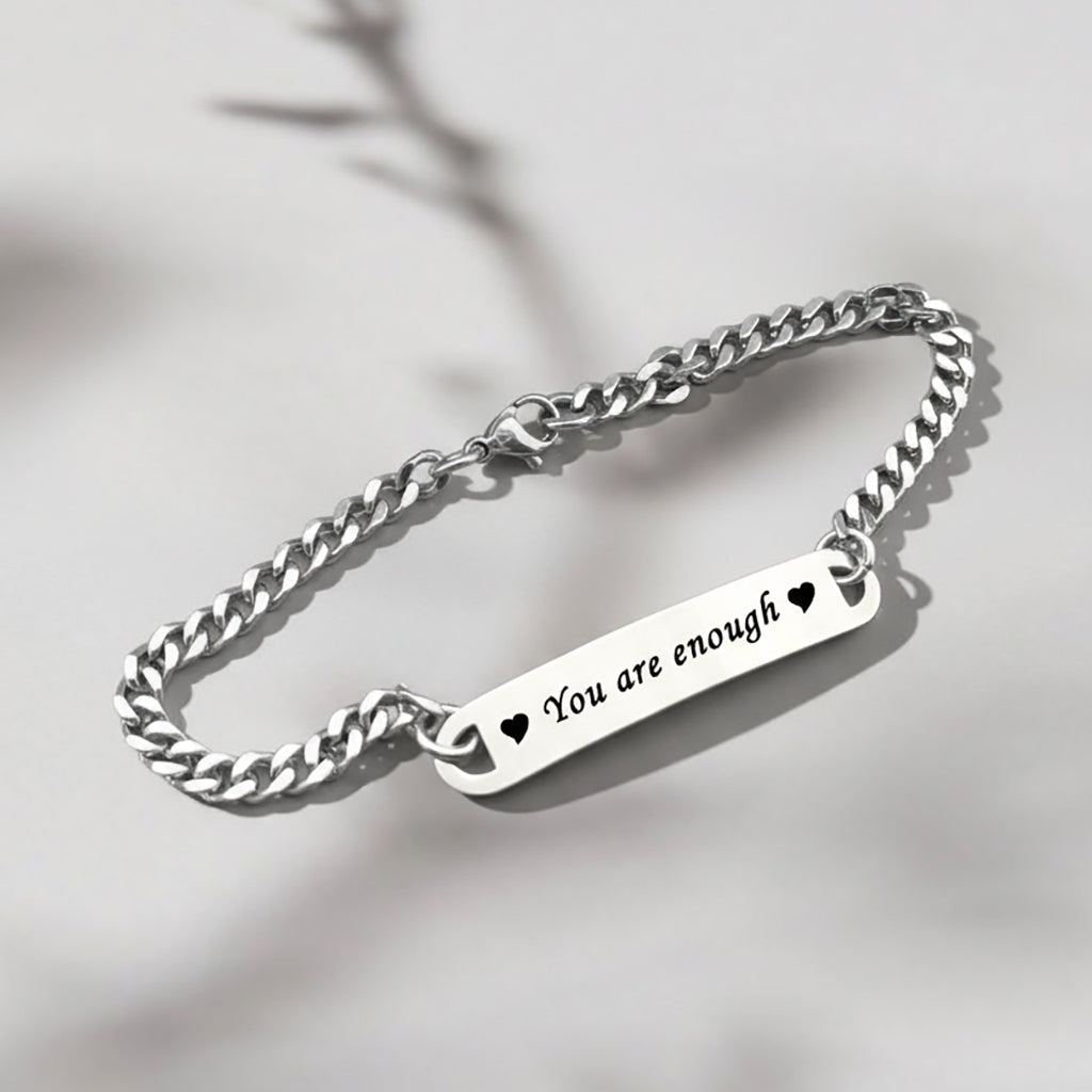Silver Belle Fever Bar Bracelet engraved with ‘You are enough’ — a thoughtful affirmation piece celebrating self-love and confidence.