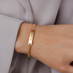 Gold Belle Fever Bar Bracelet — elegant engraved bracelet handcrafted to celebrate love, strength, and individuality with timeless sophistication.