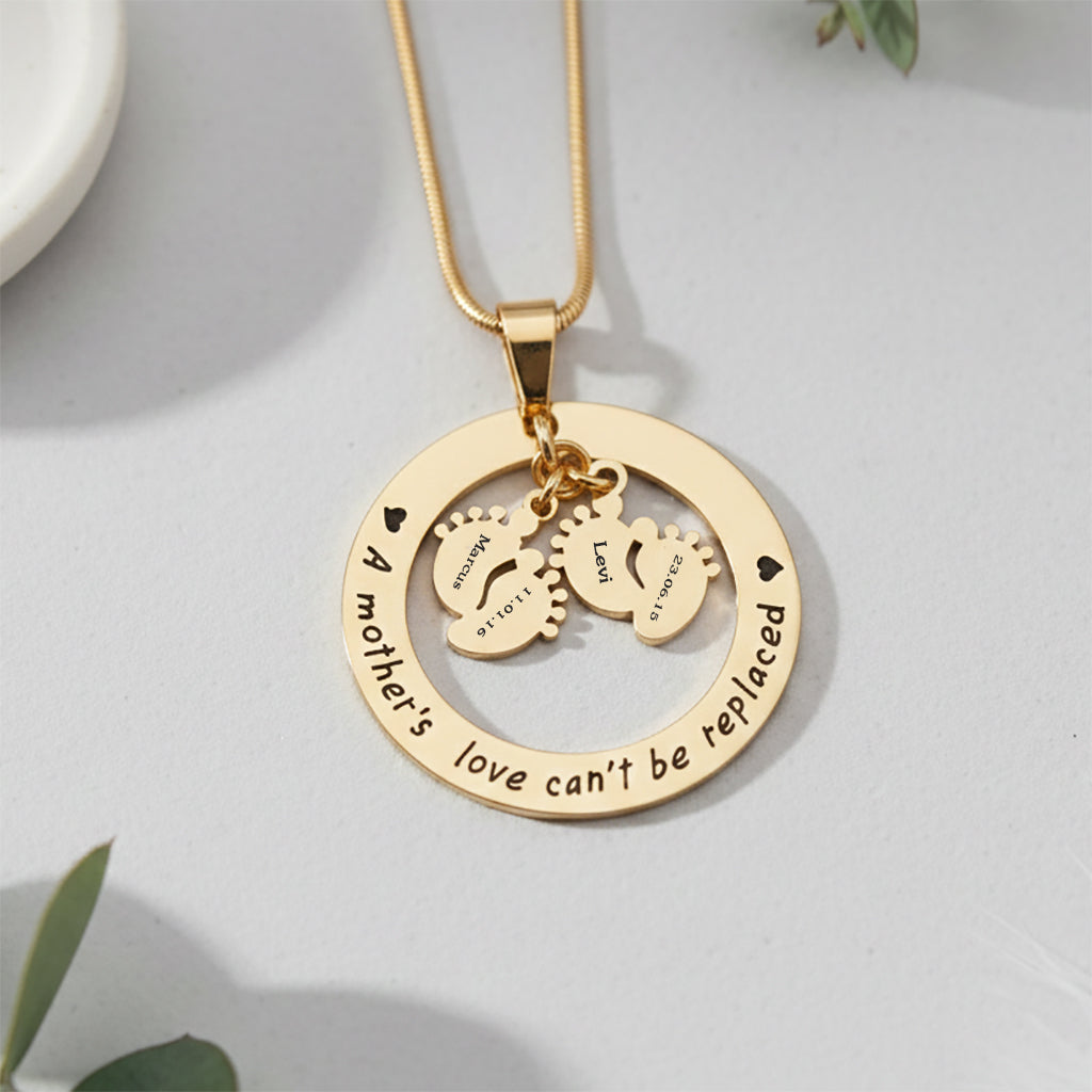 Belle Fever Can't be replaced necklace flat lay, engraved name and date details, custom motherhood keepsake jewelry