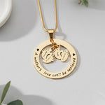 Belle Fever Can't be replaced necklace flat lay, engraved name and date details, custom motherhood keepsake jewelry