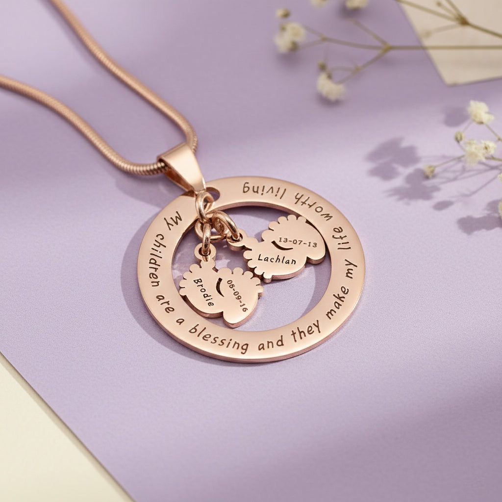 Different angles of Belle Fever Can't be replaced necklace, custom engraved name and date, personalized jewelry for moms