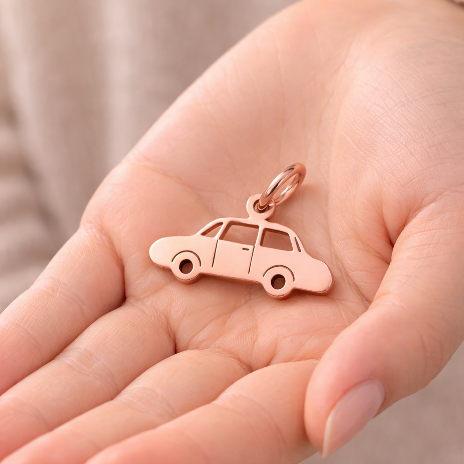 Belle Fever charm for keyring rose gold car pendant in hand, automotive keepsake gift, elegant everyday keyring accessory