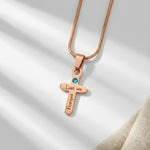 Personalized cross birthstone name necklace in rose gold, custom engraved Christian jewelry by belle fever