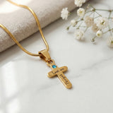belle fever personalized gold cross necklace with birthstone, engraved name Christian jewelry gift