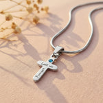 Personalized cross birthstone name necklace in silver finish, elegant Christian gift by belle fever