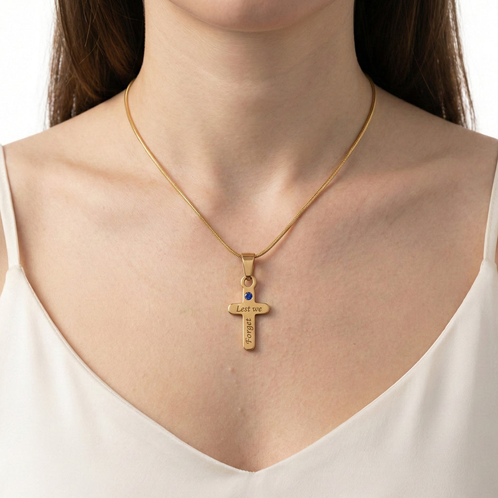 belle fever personalized cross necklace with birthstone worn daily, engraved Christian name jewelry