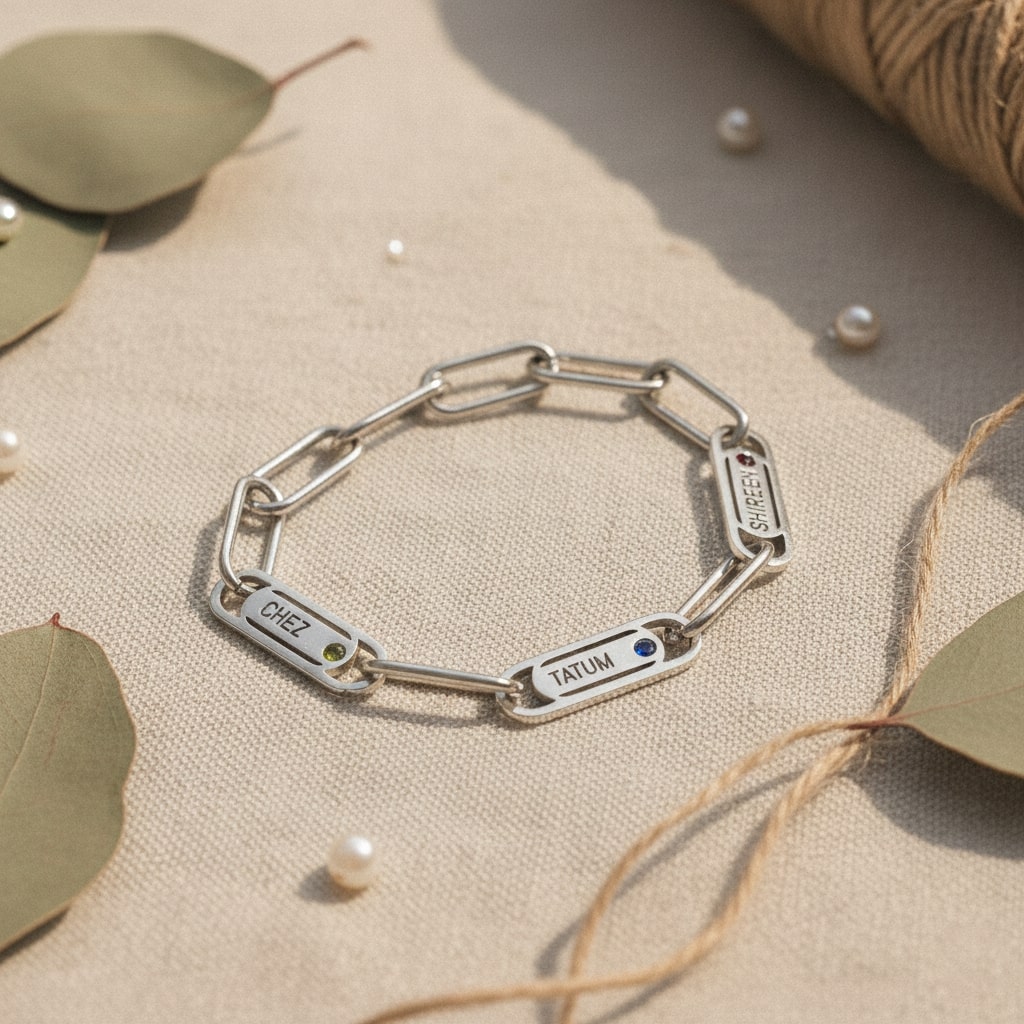 Silver Endless Ties Name Bracelet by Belle Fever — elegant linked design with engraved names and birthstones, celebrating endless connection and togetherness.