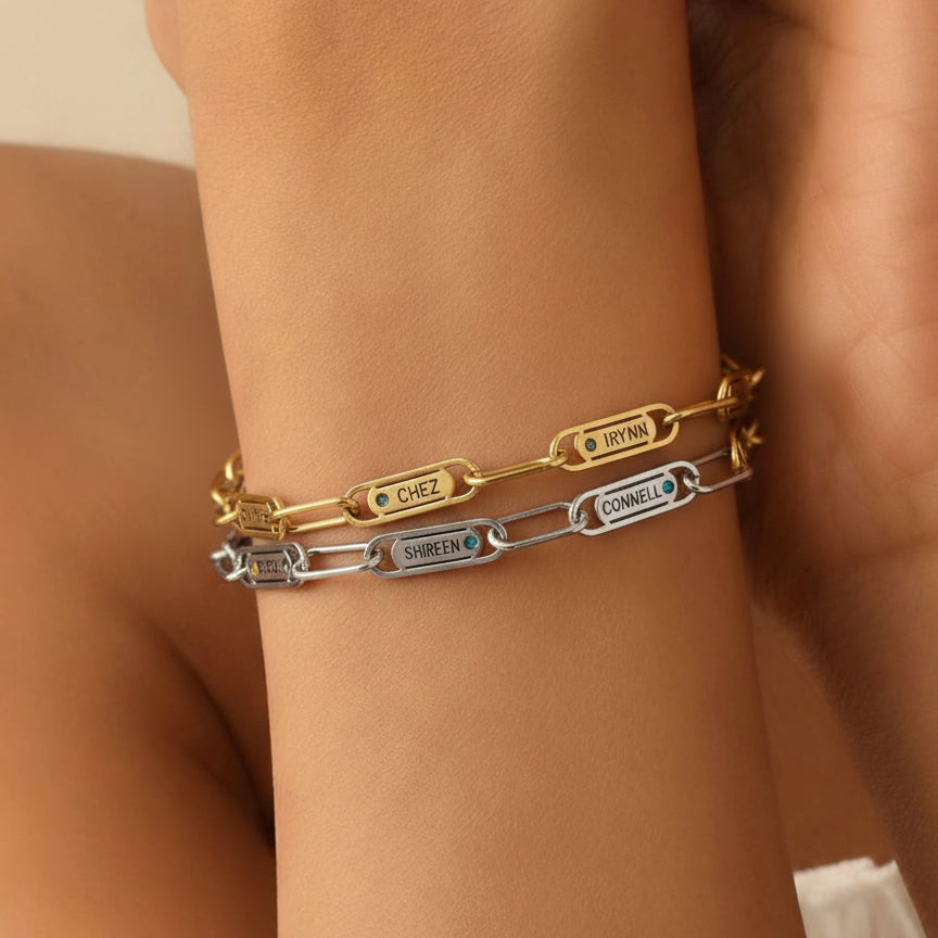 Gold Endless Ties Name Bracelet with Birthstone by Belle Fever — worn close to the heart, representing everlasting love and meaningful family ties.