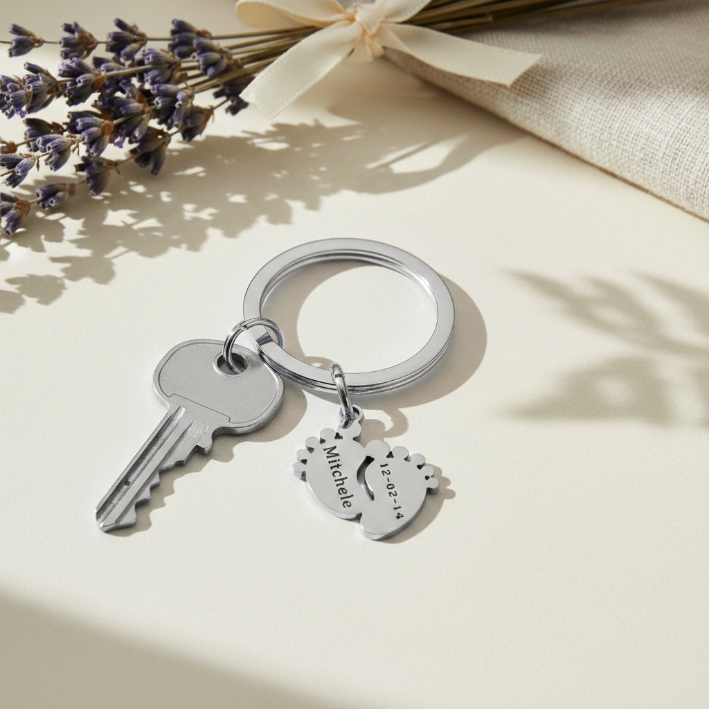 belle fever feet charm for keyring with engraved name and date, personalized memorial keepsake