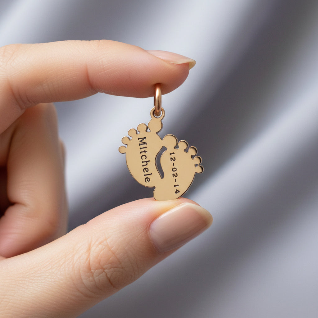 belle fever personalized feet charm for keyring close-up, engraved name and date heartfelt gift for mom