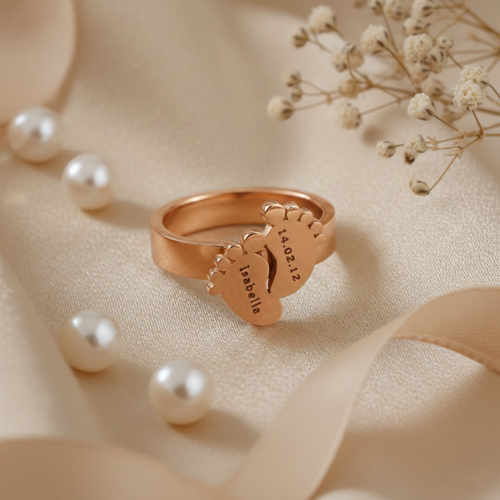 Footprint ring  by Belle Fever, engraved with name and date, elegant keepsake ring for mom honoring a newborn memory