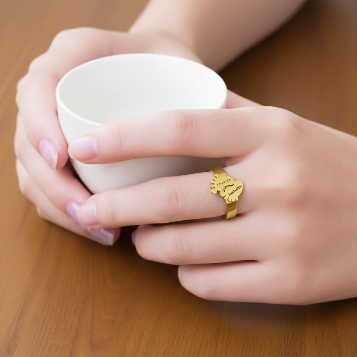 Belle Fever personalized baby feet ring engraved with name and date, meaningful keepsake jewelry gift for mom celebrating motherhood