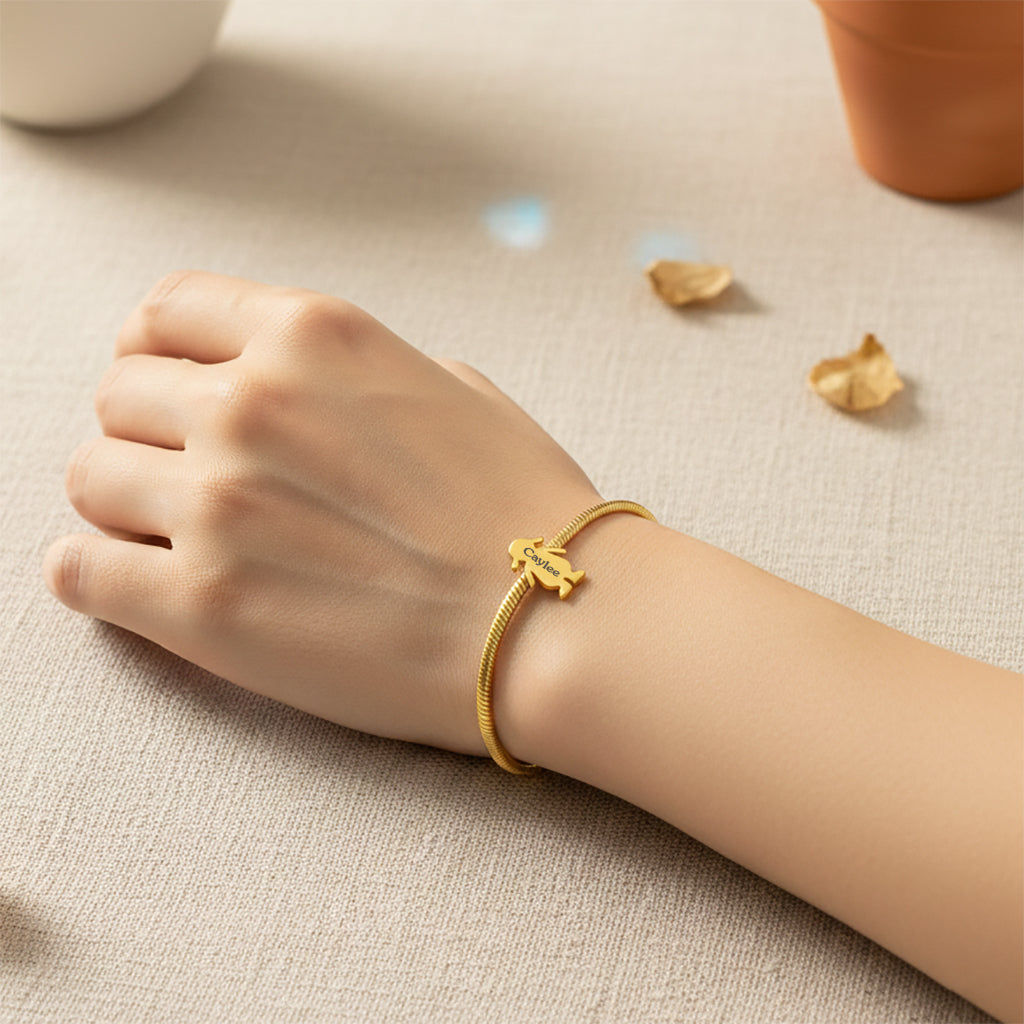 Belle Fever moment bracelet with girl charm bracelet on model, engraved name charm bracelet, sentimental keepsake gift for mom and grandma