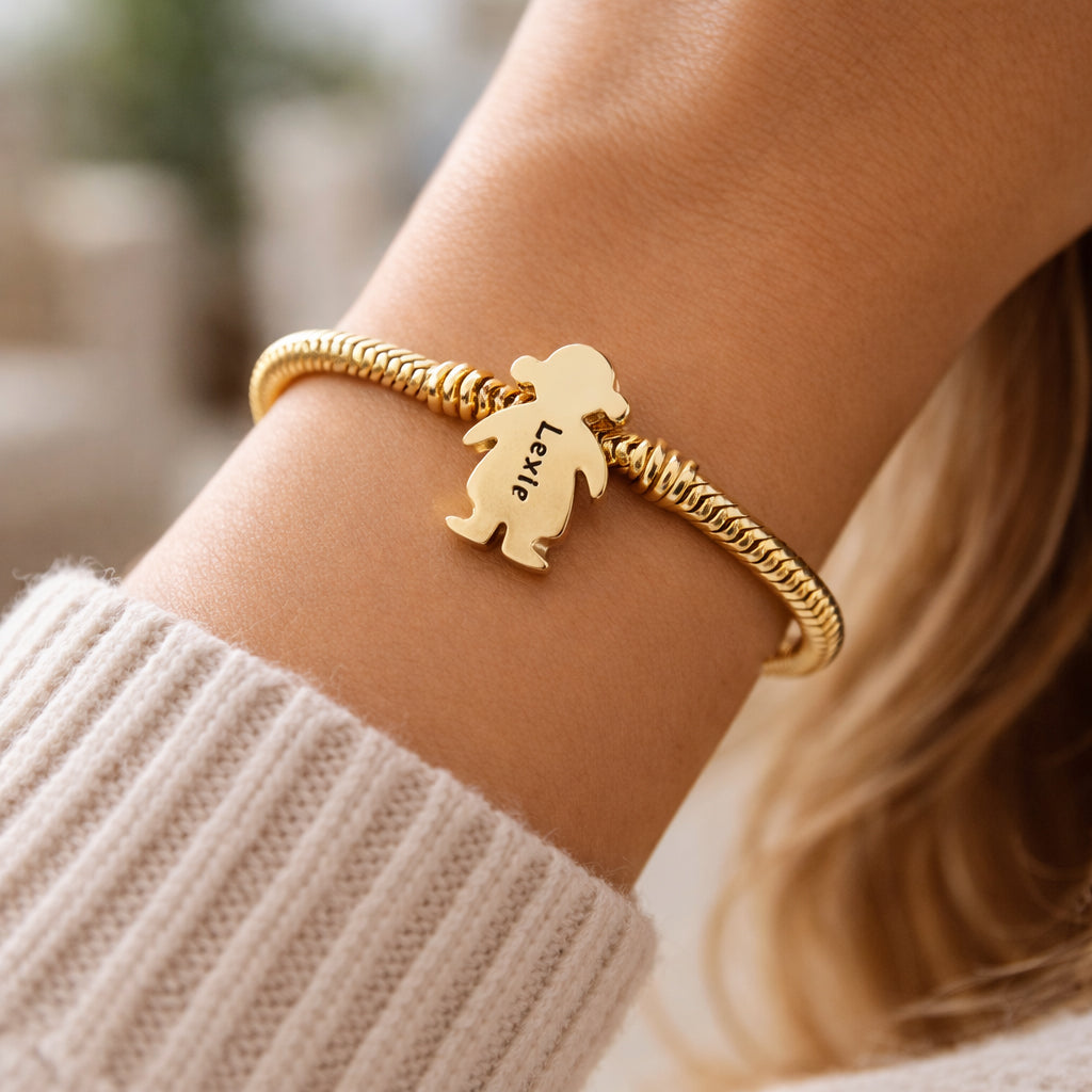 Belle Fever gold moment bracelet with girl charm bracelet on model, engraved name charm bracelet, perfect gift for mom and grandma