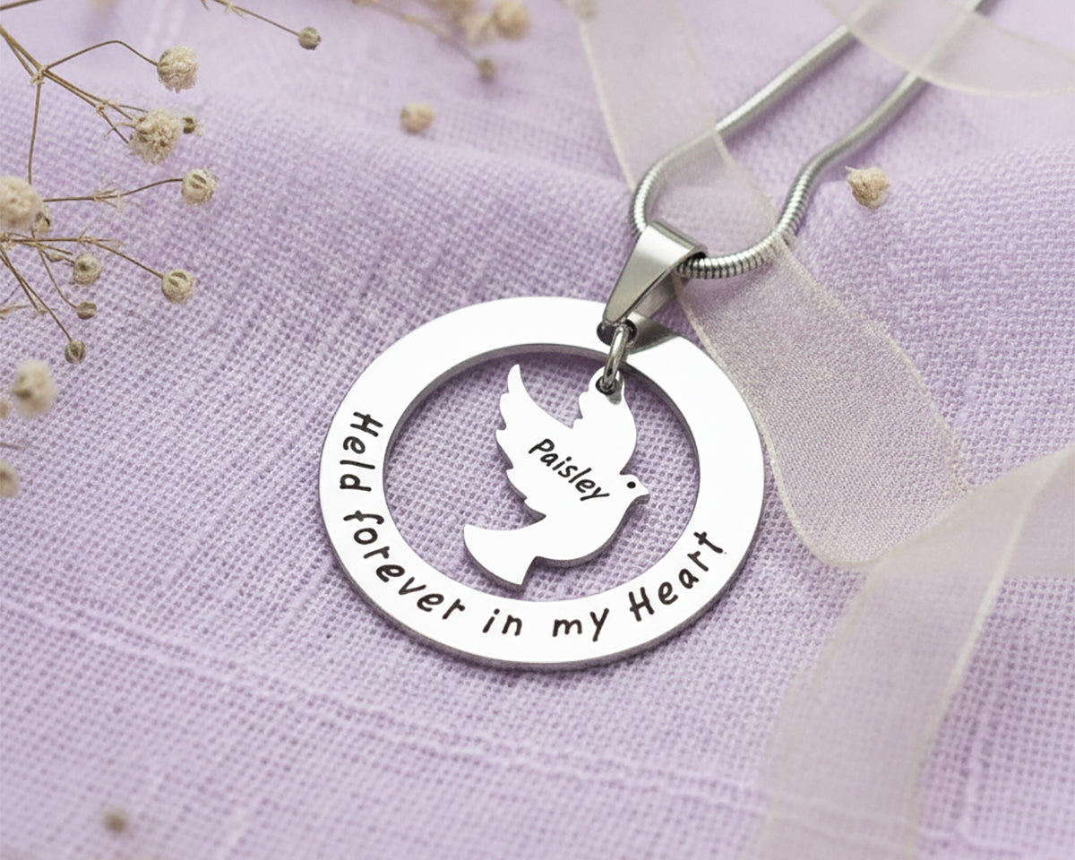 Belle Fever personalized held forever necklace in silver, custom engraved sympathy gift, remembrance jewelry
