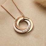 Belle Fever Family Love Circles Necklace — rose gold interlinked rings engraved with names, a meaningful personalised keepsake representing family unity and love.