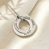 Interlinked Family Love Circles Personalised Necklace — silver engraved rings featuring family names, a timeless jewellery piece celebrating the people who matter most.