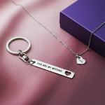 Belle Fever missing piece necklace and keychain set on purple silk, romantic couple jewellery, anniversary gift idea, personalised keepsake for daily wear