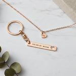 Belle Fever missing piece necklace and keychain set flatlay, romantic date gift, couple jewellery keepsake, anniversary memory daily wear piece