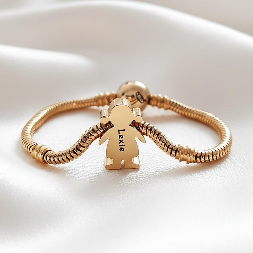 Belle Fever moments bracelet with girl charm on a white backdrop — a meaningful personalised keepsake for mums, grandmas, and families cherishing their little ones