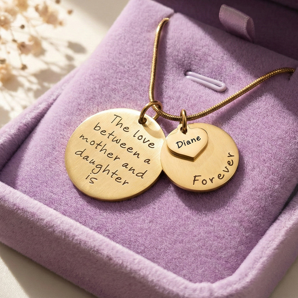 Belle Fever Personalized mother forever  necklace presented in jewelry box, engraved disc with heart charm