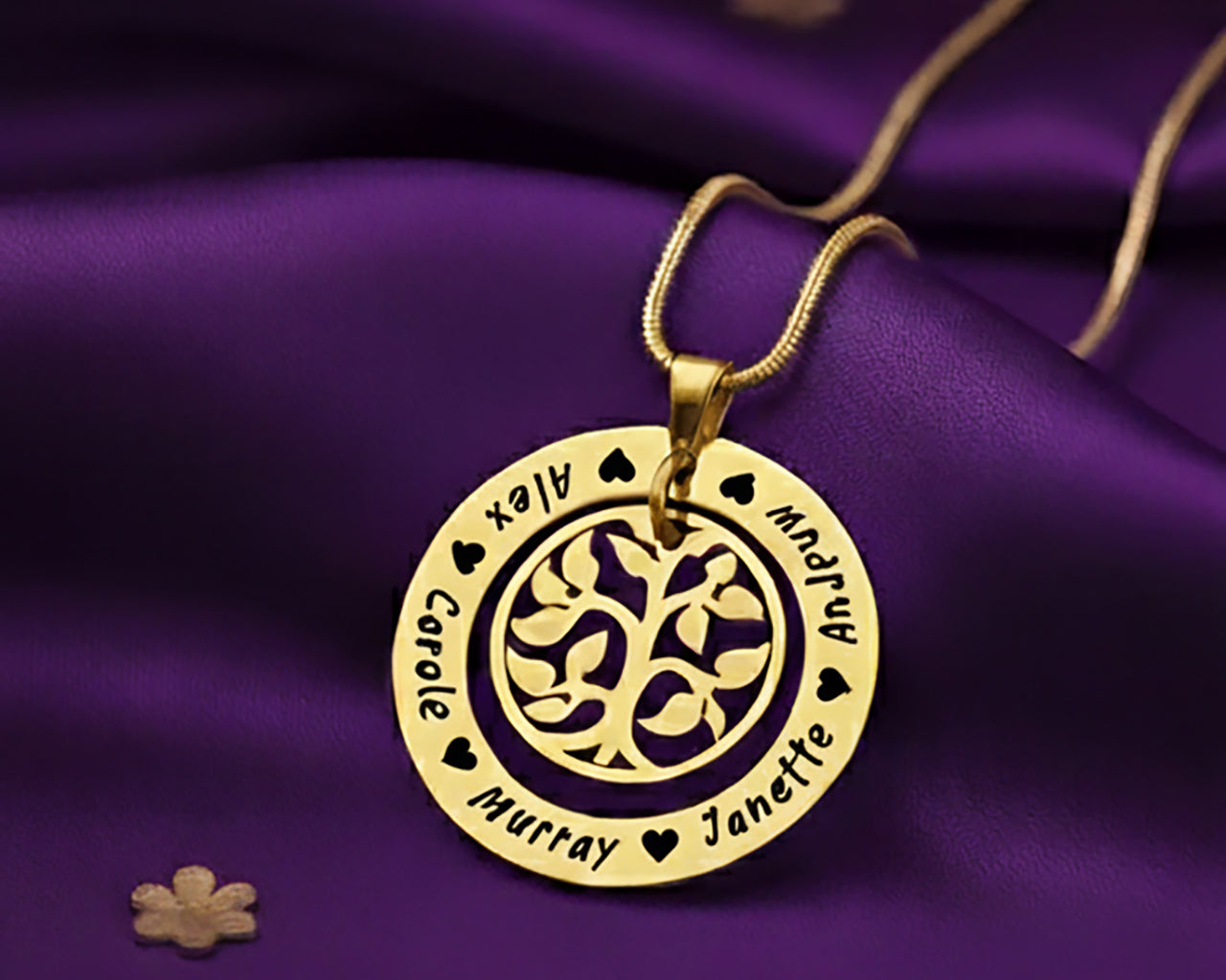Belle Fever Personalized Family Tree Necklace — gold engraved family names surrounding a delicate tree design, a heartfelt keepsake celebrating mothers and the love that connects generations.