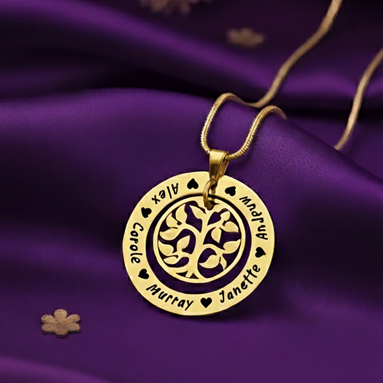 Belle Fever Personalized Family Tree Necklace — gold engraved family names surrounding a delicate tree design, a heartfelt keepsake celebrating mothers and the love that connects generations.