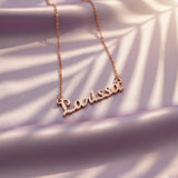 Personalised Belle Fever Name Necklace in rose gold — elegant script design handcrafted to showcase your name as a symbol of love and identity.