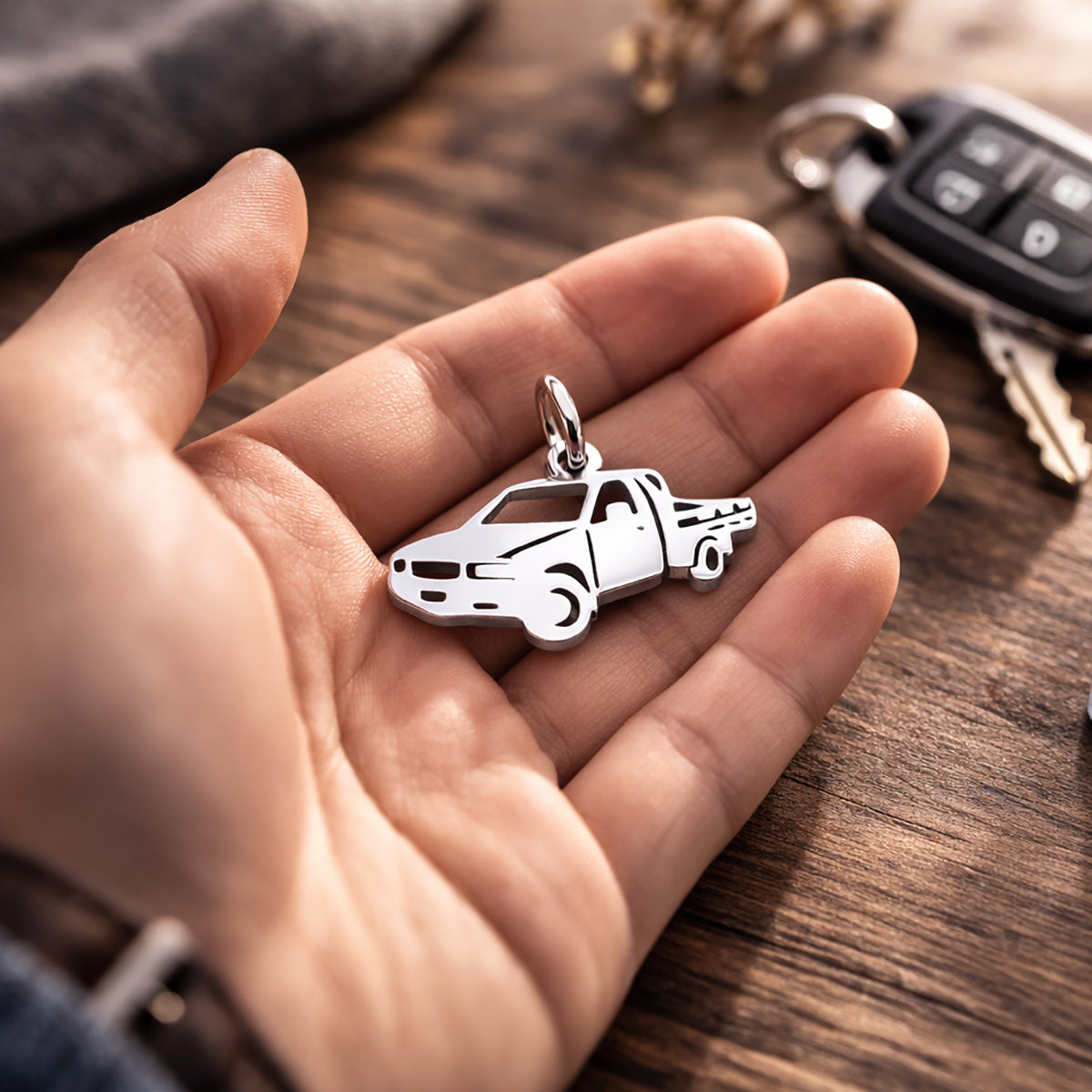 Belle Fever silver pick up charm in palm, personalized driver lover gift, truck keychain safe journey keepsake.