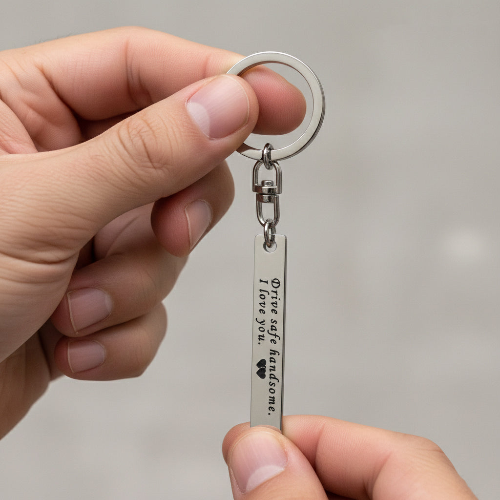 Belle Fever silver reminder tag keychain held in hand, custom engraved bar keepsake with personal message, everyday carry gift