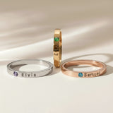 Belle Fever Stackable Birthstone Rings — custom engraved gold and silver bands adorned with birthstones, symbolising connection, love, and cherished memories.