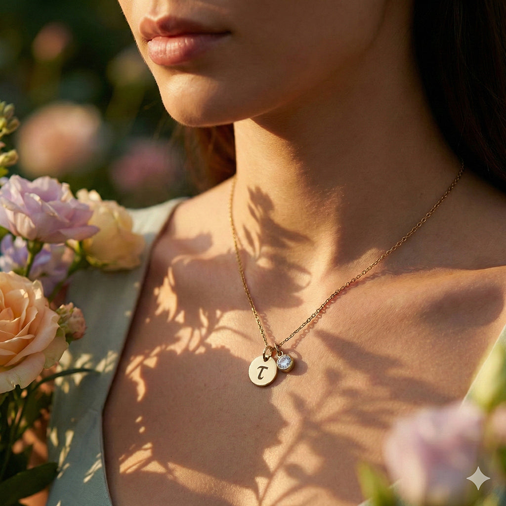 Rose Gold Token of Love Necklace, custom engraved initial with birthstone charm, Mothers Jewellery by Belle Fever