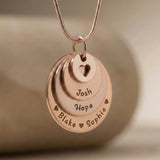 Rose gold Tower of Love necklace with stacked round charms, minimalist jewelry design by Belle Fever