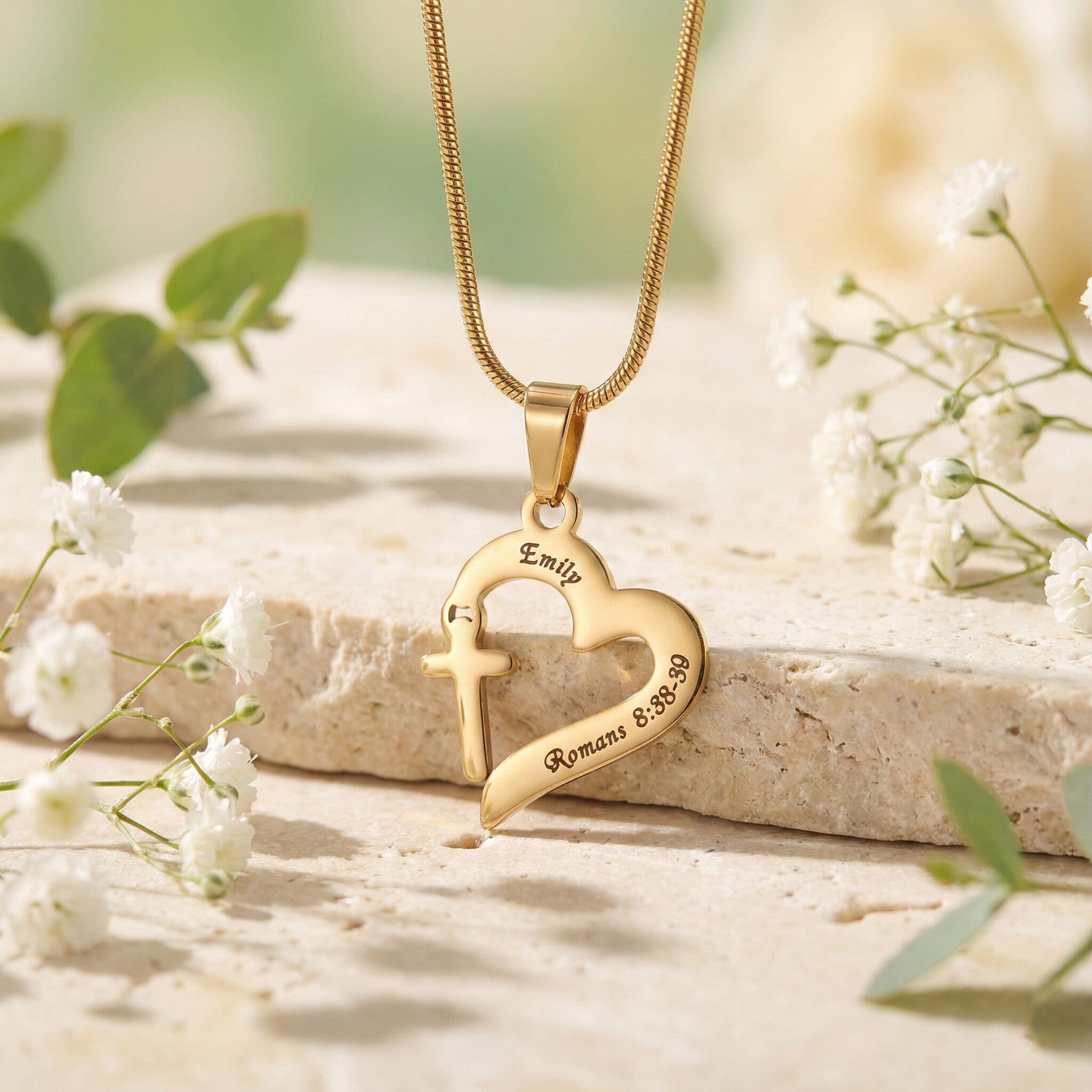Trust in Him necklace by belle fever displayed on natural background, Christian cross heart necklace symbolizing faith, trust in God, and spiritual devotion