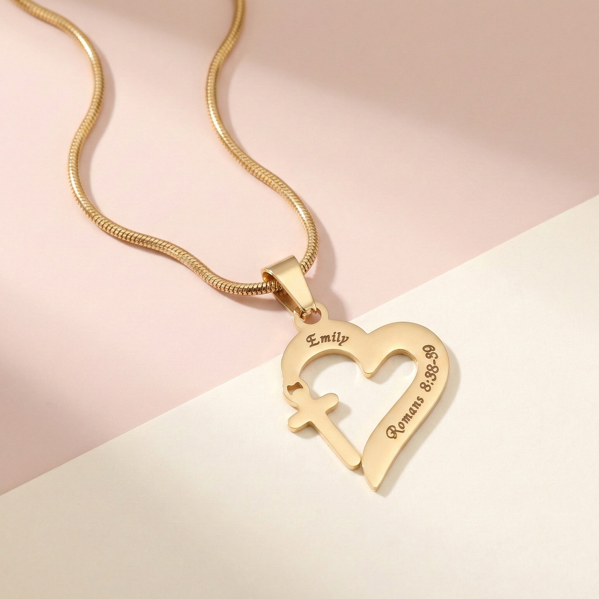 Trust in Him heart cross necklace by belle fever laid flat, minimalist Christian necklace symbolizing belief, grace, and divine connection