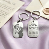 Custom photo keyring with engraved date calendar, double-sided metal tag gift for couples