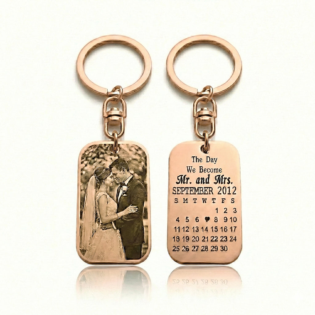Rose gold personalized photo tag keyring with engraved calendar, product photo on white background