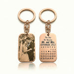 Rose gold personalized photo tag keyring with engraved calendar, product photo on white background