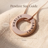 Always Forever necklace size guide showing engraved circle pendant dimensions and scale