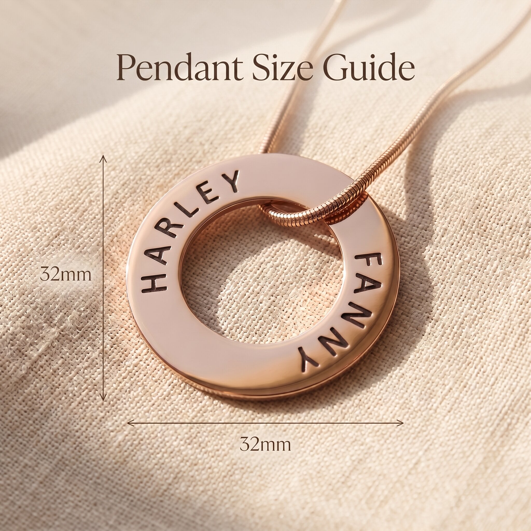 Always Forever necklace size guide showing engraved circle pendant dimensions and scale
